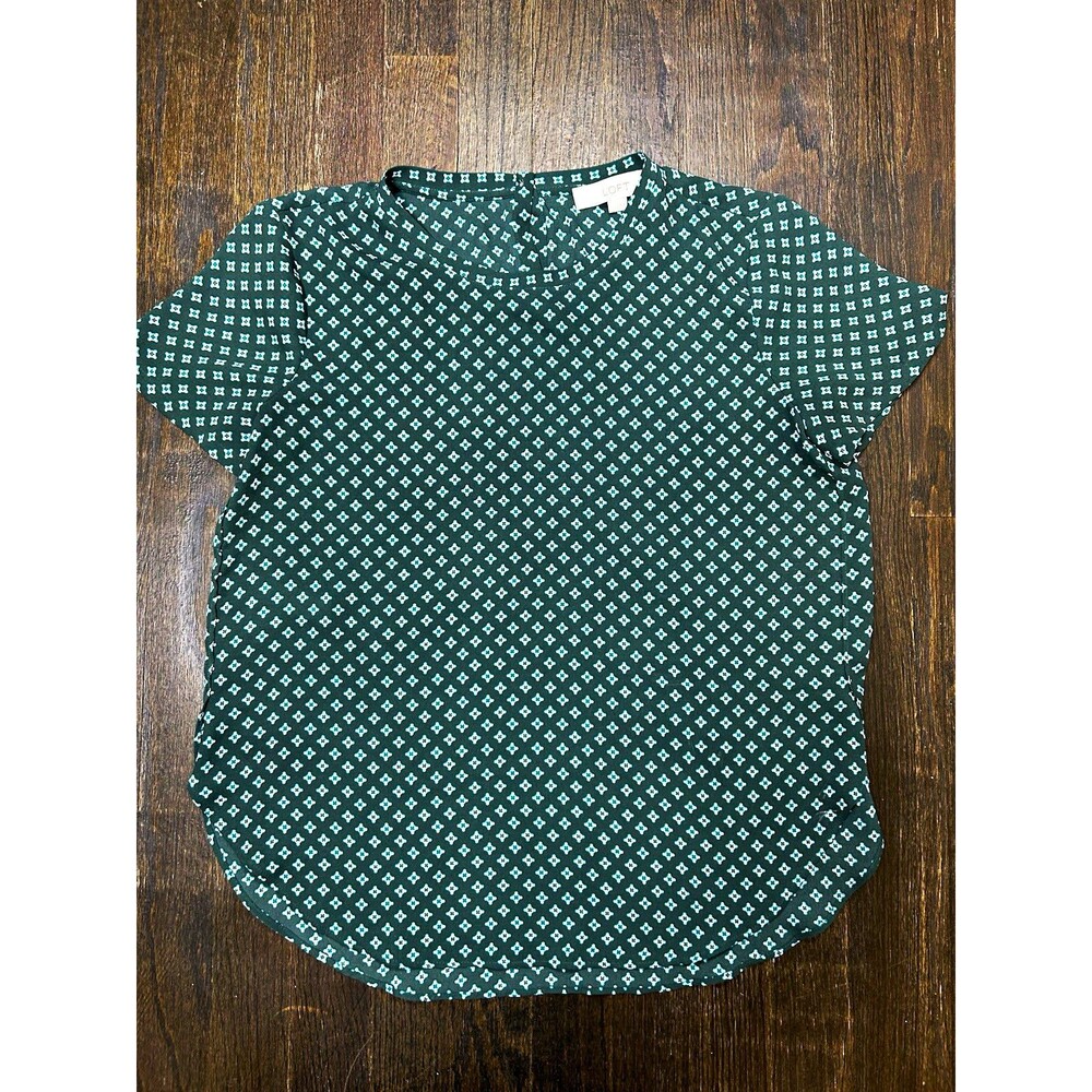 LOFT Women’s Petite PS Green/Blue/White Geometric V-Neck Woven Blouse Buttons